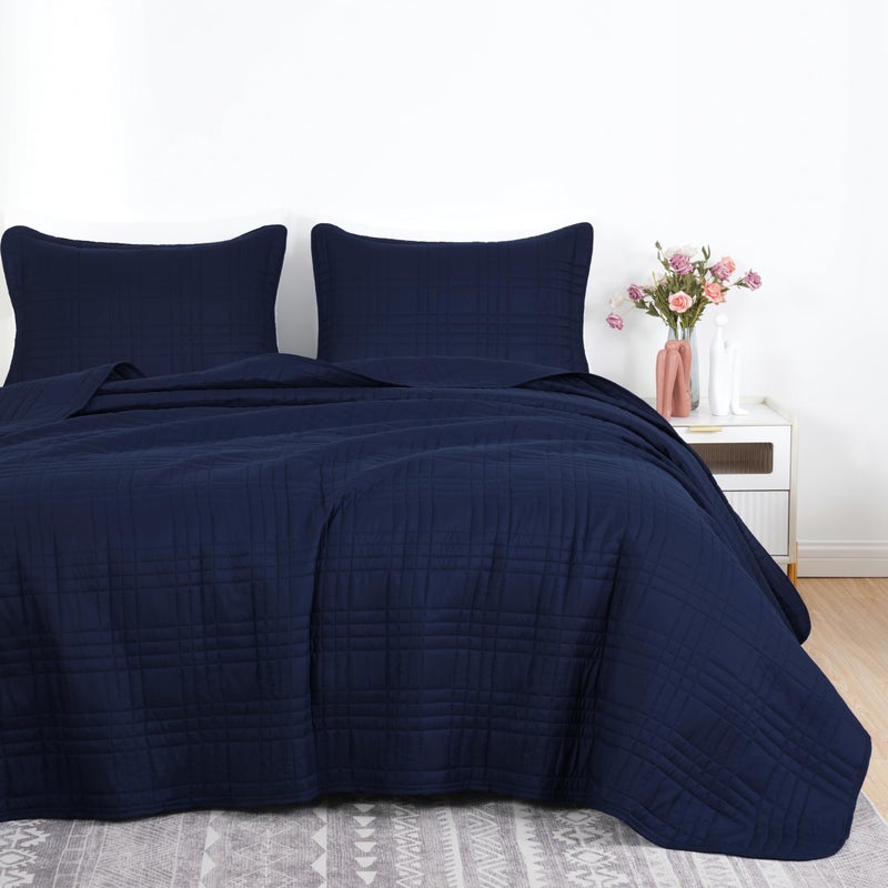 Chezmoi Collection Kingston Queen Size Bedspread Set, 3-Piece Navy Oversized Quilted Microfiber Lightweight Bedspread Coverlet (100"x106") for All Seasons - Image 2